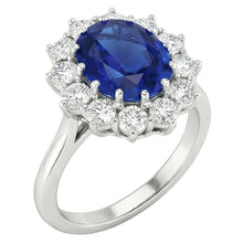 Afbeelding in Gallery-weergave laden, Ovale Blauwe Saffier & Ronde Natuurlijke uit de aarde gewonnen Diamanten Halo Ring 6.50 Ct. Witgoud 14K