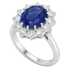 Afbeelding in Gallery-weergave laden, Ovale Blauwe Saffier & Ronde Natuurlijke uit de aarde gewonnen Diamanten Halo Ring 6.50 Ct. Witgoud 14K