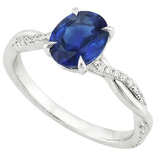 Afbeelding in Gallery-weergave laden, Ovale Blauwe Saffier Verlovingsring met Natuurlijke uit de aarde gewonnen Diamant en Gedraaide Gouden Band, 6 Karaat