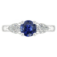 Afbeelding in Gallery-weergave laden, Peer Natuurlijke echte diamant ( niet in het laboratorium gekweekt ) drie stenen ronde natuurlijke blauwe saffier ring 1,50 karaat