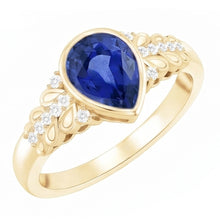 Afbeelding in Gallery-weergave laden, Ring met Kastzetting, Peervormige Ceylonsaffier & Natuurlijke uit de aarde gewonnen Diamant, Geelgoud, 4.75 Karaat