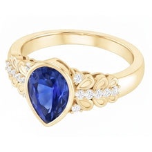 Afbeelding in Gallery-weergave laden, Ring met Kastzetting, Peervormige Ceylonsaffier & Natuurlijke uit de aarde gewonnen Diamant, Geelgoud, 4.75 Karaat
