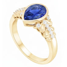 Afbeelding in Gallery-weergave laden, Ring met Kastzetting, Peervormige Ceylonsaffier & Natuurlijke uit de aarde gewonnen Diamant, Geelgoud, 4.75 Karaat