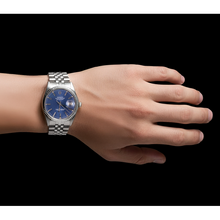 Afbeelding in Gallery-weergave laden, Roestvrijstalen jubileum Rolex Dateumust herenhorloge met blauwe stok-wijzerplaat en gecanneleerde rand snel ingesteld