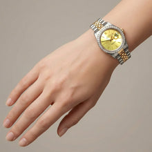 Afbeelding in Gallery-weergave laden, Rolex Datumjust herenhorloge diamanten rand goud en roestvrij stalen armband snel ingesteld