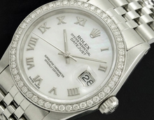 Afbeelding in Gallery-weergave laden, Rolex Datumjust witte Dweil Romeinse wijzerplaat Diamanten lunette roestvrij staal Jubileum armband SNELLE INSTELLING