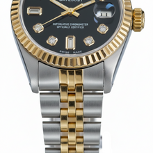 Afbeelding in Gallery-weergave laden, Rolex-horloge met gecanneleerde rand van roestvrij staal en goudkleurige stokbrood-diamanten wijzerplaat