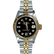 Afbeelding in Gallery-weergave laden, Rolex-horloge met gecanneleerde rand van roestvrij staal en goudkleurige stokbrood-diamanten wijzerplaat