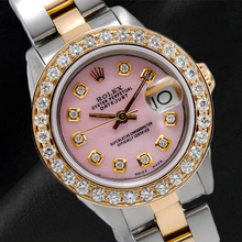Afbeelding in Gallery-weergave laden, Rolex Datejust 26 mm roze parelmoer diamanten wijzerplaat two tone oester armband horloge