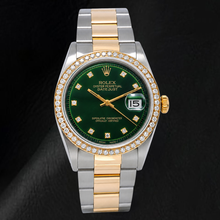 Afbeelding in Gallery-weergave laden, Rolex 1601 Datejust 36mm Groene Diamanten Wijzerplaat Tweekleurig Horloge