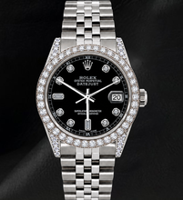 Afbeelding in Gallery-weergave laden, Rolex 16200 Datejust 36mm Zwarte Diamanten Wijzerplaat Roestvrij Staal Horloge