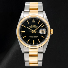 Afbeelding in Gallery-weergave laden, Rolex 16203 Datejust 36mm Horloge met Zwarte Wijzerplaat met Streepindexen en Tweekleurige Oyster-armband