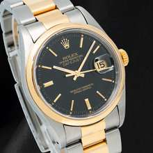 Afbeelding in Gallery-weergave laden, Rolex 16203 Datejust 36mm Horloge met Zwarte Wijzerplaat met Streepindexen en Tweekleurige Oyster-armband