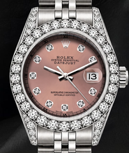 Afbeelding in Gallery-weergave laden, Rolex 26mm Datejust 6916 Horloge van Roestvrij Staal met Zalmkleurige Diamanten Wijzerplaat en Diamanten Lunette