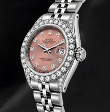 Afbeelding in Gallery-weergave laden, Rolex 26mm Datejust 6916 Horloge van Roestvrij Staal met Zalmkleurige Diamanten Wijzerplaat en Diamanten Lunette