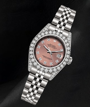 Afbeelding in Gallery-weergave laden, Rolex 26mm Datejust 6916 Horloge van Roestvrij Staal met Zalmkleurige Diamanten Wijzerplaat en Diamanten Lunette