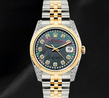 Afbeelding in Gallery-weergave laden, Rolex 36mm 16013 Datejust Zwart Parelmoer Diamanten Wijzerplaat Gekartelde Lunette Tweekleurig Horloge