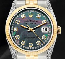 Afbeelding in Gallery-weergave laden, Rolex 36mm 16013 Datejust Zwart Parelmoer Diamanten Wijzerplaat Gekartelde Lunette Tweekleurig Horloge