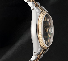 Afbeelding in Gallery-weergave laden, Rolex 36mm 16013 Datejust Zwart Parelmoer Diamanten Wijzerplaat Gekartelde Lunette Tweekleurig Horloge