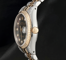 Afbeelding in Gallery-weergave laden, Rolex 36mm 16013 Datejust Zwart Parelmoer Diamanten Wijzerplaat Gekartelde Lunette Tweekleurig Horloge