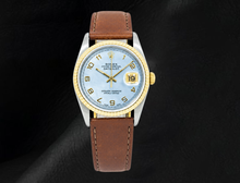 Afbeelding in Gallery-weergave laden, Rolex Datejust 16013 36 mm Horloge met Blauwe Parelmoer Arabische Wijzerplaat en Bruine Leren Band
