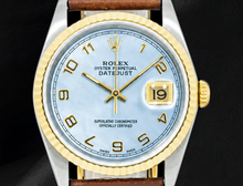 Afbeelding in Gallery-weergave laden, Rolex Datejust 16013 36 mm Horloge met Blauwe Parelmoer Arabische Wijzerplaat en Bruine Leren Band