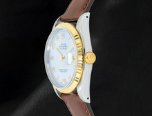 Afbeelding in Gallery-weergave laden, Rolex Datejust 16013 36 mm Horloge met Blauwe Parelmoer Arabische Wijzerplaat en Bruine Leren Band
