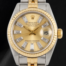 Afbeelding in Gallery-weergave laden, Rolex 6917 Datejust 26mm Champagne Baguette Diamanten Wijzerplaat Tweekleurig Horloge