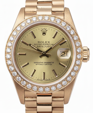 Afbeelding in Gallery-weergave laden, Rolex Champagne Stok wijzerplaat voorzitter horloge Datumjust diamanten rand Geel goud