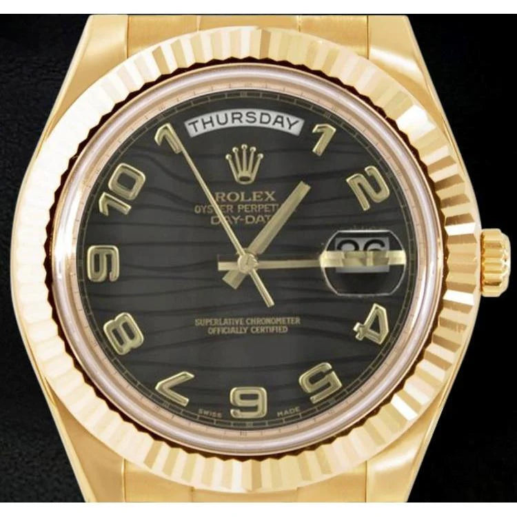 Rolex Dag Datum II 41 mm zwarte Arabische wijzerplaat herenhorloge geel goud