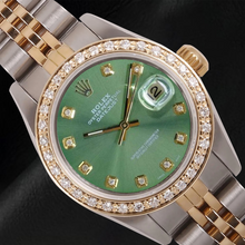 Afbeelding in Gallery-weergave laden, Rolex Dames Datejust 26 mm Olijfgroene Diamanten Wijzerplaat Tweekleurig Horloge