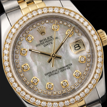 Afbeelding in Gallery-weergave laden, Rolex Date 1505 34mm Wit Parelmoeren Diamanten Wijzerplaat met Diamantensnoer Tweekleurig Horloge