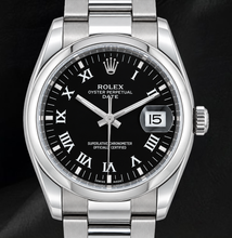 Afbeelding in Gallery-weergave laden, Rolex Date 34mm 115200 Zwarte Romeinse Wijzerplaat Roestvrij Staal Horloge