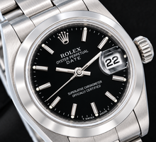 Afbeelding in Gallery-weergave laden, Rolex Date 6916 26 mm Horloge van Roestvrij Staal met Zwarte Wijzerplaat met Streepindexen en Gladde Lunette