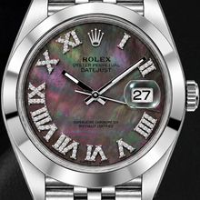 Afbeelding in Gallery-weergave laden, Rolex Datejust 126300 41mm Zwart Parelmoer Romeinse Diamanten Wijzerplaat Roestvrij Staal Horloge