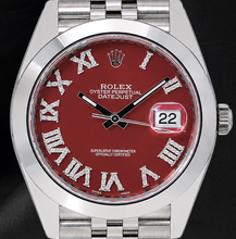 Afbeelding in Gallery-weergave laden, Rolex Datejust 126300 41mm Rode Romeinse Diamanten Wijzerplaat Roestvrij Staal Horloge