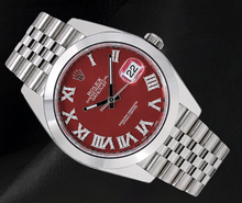 Afbeelding in Gallery-weergave laden, Rolex Datejust 126300 41mm Rode Romeinse Diamanten Wijzerplaat Roestvrij Staal Horloge