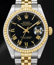 Afbeelding in Gallery-weergave laden, Rolex Datejust 16013 36mm Tweekleurig Horloge met Zwarte Romeinse Wijzerplaat