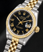 Afbeelding in Gallery-weergave laden, Rolex Datejust 16013 36mm Tweekleurig Horloge met Zwarte Romeinse Wijzerplaat