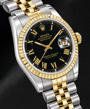 Afbeelding in Gallery-weergave laden, Rolex Datejust 16013 36mm Tweekleurig Horloge met Zwarte Romeinse Wijzerplaat