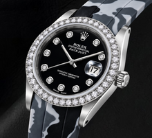 Afbeelding in Gallery-weergave laden, Rolex Datejust 16014 36mm Horloge met Zwarte Diamanten Wijzerplaat en Grijze Camouflage Rubberen Band