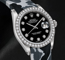 Afbeelding in Gallery-weergave laden, Rolex Datejust 16014 36mm Horloge met Zwarte Diamanten Wijzerplaat en Grijze Camouflage Rubberen Band