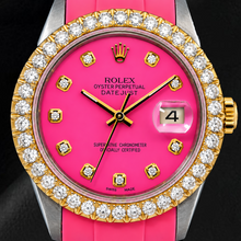 Afbeelding in Gallery-weergave laden, Rolex Datejust 16014 36mm Roze Diamanten Wijzerplaat Diamanten Lunette Roze Rubberen Band Horloge