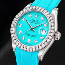 Afbeelding in Gallery-weergave laden, Rolex Datejust 16014 36mm Turkooizen Diamanten Wijzerplaat Blauwe Rubberen Band Horloge