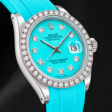 Afbeelding in Gallery-weergave laden, Rolex Datejust 16014 36mm Turkooizen Diamanten Wijzerplaat Blauwe Rubberen Band Horloge