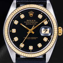 Afbeelding in Gallery-weergave laden, Rolex Datejust 1601 36mm Zwarte Diamanten Wijzerplaat Zwarte Leren Band Tweekleurig Horloge