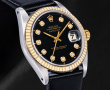 Afbeelding in Gallery-weergave laden, Rolex Datejust 1601 36mm Zwarte Diamanten Wijzerplaat Zwarte Leren Band Tweekleurig Horloge