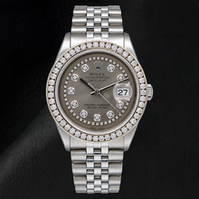 Afbeelding in Gallery-weergave laden, Rolex Datejust 1601 36mm Roestvrij Staal Horloge met Grijze Diamanten Wijzerplaat met Diamantensnoer