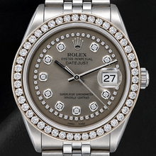 Afbeelding in Gallery-weergave laden, Rolex Datejust 1601 36mm Roestvrij Staal Horloge met Grijze Diamanten Wijzerplaat met Diamantensnoer