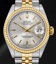 Afbeelding in Gallery-weergave laden, Rolex Datejust 16233 36mm Tweekleurig Horloge met Zilverkleurige Wijzerplaat met Streepindexen